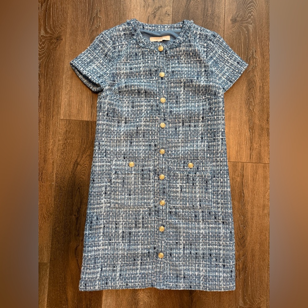 LOFT Blue Tweed Midi Dress with Gold Buttons NWOT